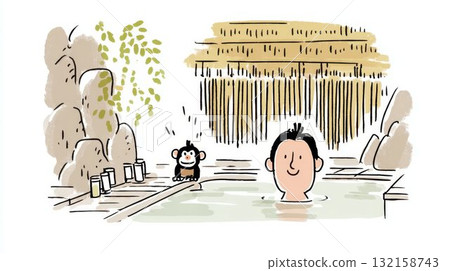 一名男子與一隻猴子在露天浴池中的插圖 132158743