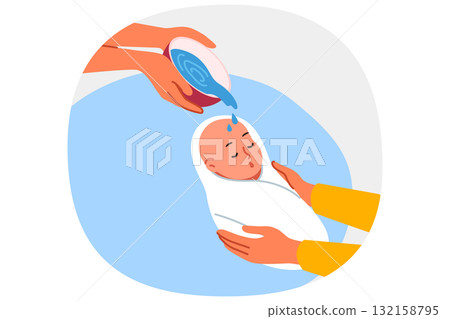 Ritual baptism for infant in christian religion, and use of holy water in church, to protect child 132158795