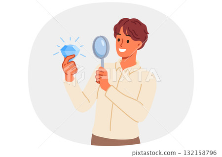 Business man with diamond and magnifying glass, for concept of opportunity and luck in career 132158796