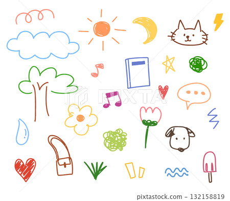 Doodle hand drawn. star, tree, heart, sun, note, cat, dog and music cartoon Doodle hand drawn. star, tree, heart, sun, note, cat, dog and music cartoon 132158819
