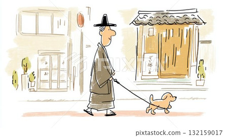 Illustration material of an old man walking with his dog through an old town 132159017