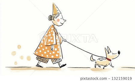 一位時尚女性遛狗的插圖素材 一位時尚女性遛狗的插圖素材 132159019