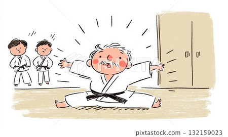 一位老人在道場伸展身體的插圖 132159023