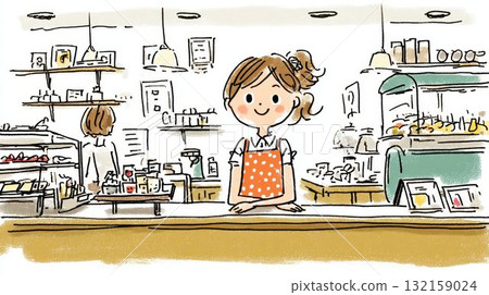 Illustration of a female clerk standing at a cafe counter 132159024