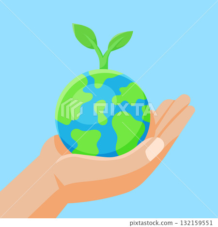 Flat vector illustration Hand Holding Earth with Green Plant Sprout. Save the Planet Illustration 132159551