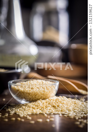 Roasted sesame seeds in bowl on wooden table. 132159627
