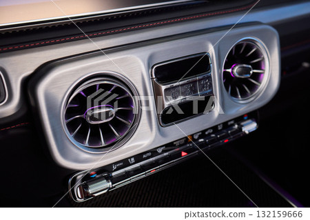 Closeup of car dashboard air vents near gear shift Closeup of car dashboard air vents near gear shift 132159666