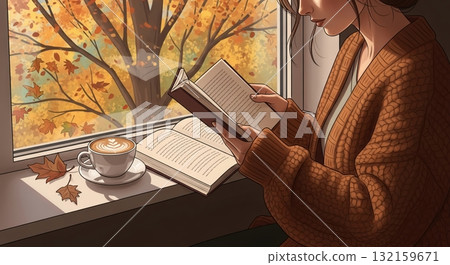 A luxurious time spent by the window in the autumn sunshine and with a book 132159671