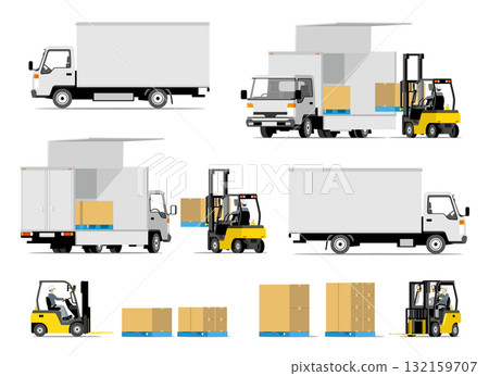 一組堆高機正在將貨物裝載到卡車上 132159707
