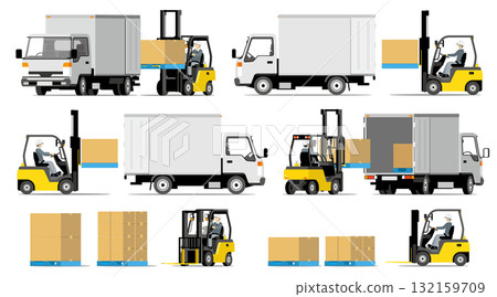 Set of forklifts loading onto trucks 132159709