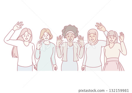 Smiling multiracial women waving hands 132159981