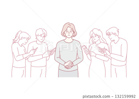 Woman in crowd using smartphones 132159992