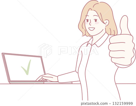 Smiling woman working on laptop showing thumb up 132159999