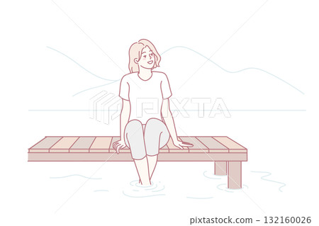 Smiling woman sitting on pier near water 132160026