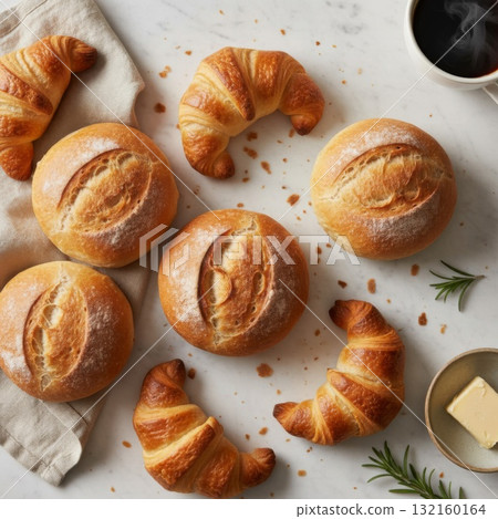 Golden Croissants and Buns with Powdered Sugar Still Life 132160164