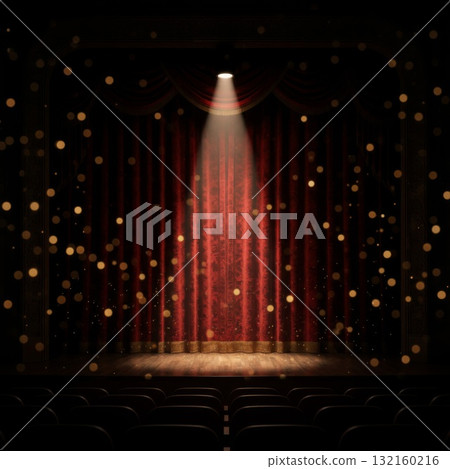 Red Velvet Curtains on Dark Stage with Spotlight and Bokeh Effect 132160216