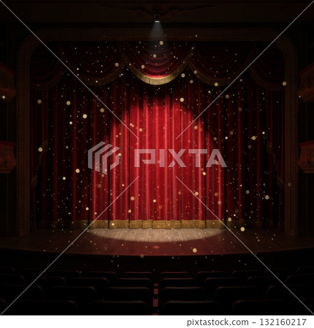Ornate Theatre with Red Velvet Curtain and Golden Confetti Decoration 132160217