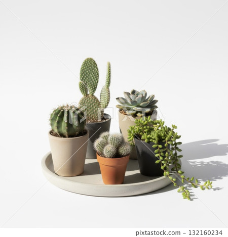 Variety of Cacti and Succulents in Pots on a Light Tray 132160234