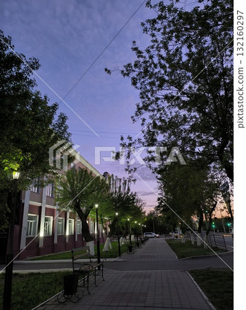 Evening Serenity A Tranquil Walkway in the City at Twilight with Street Lights and Trees Evening Serenity A Tranquil Walkway in the City at Twilight with Street Lights and Trees 132160297