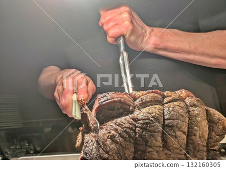 Hands carving roast beef Hands carving roast beef 132160305