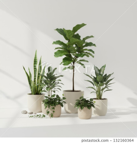 Variety of Green Potted Houseplants on White Background Studio 132160364