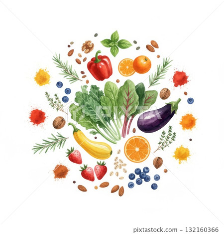 Assorted Vibrant Vegetables and Fruits Arranged in Round Composition Assorted Vibrant Vegetables and Fruits Arranged in Round Composition 132160366