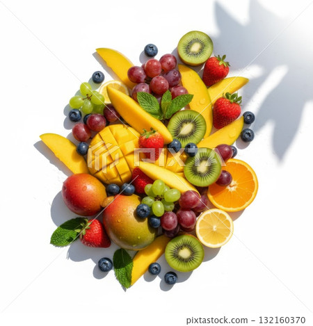 Arrangement of Fresh Fruits on White Background Shadowed 132160370