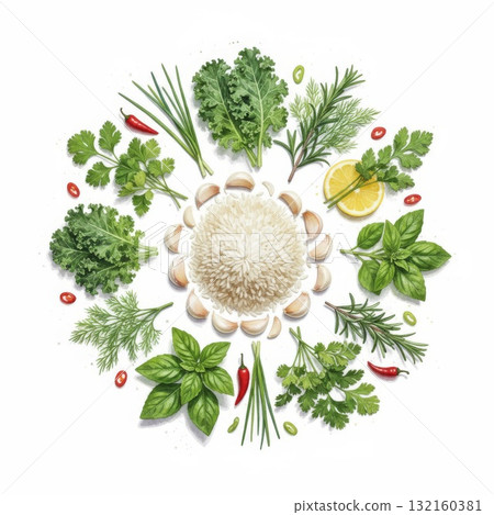 White Rice Surrounded by Fresh Herbs and Garlic on White White Rice Surrounded by Fresh Herbs and Garlic on White 132160381