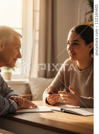 Woman in Beige Sweater Talks with Silver Haired Man at Wooden Table 132160405