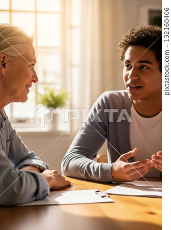 Teenager Discussing with Mature Woman at Wooden Table Indoors 132160406