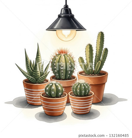 Cactus Collection in Terracotta Pots Under Warm Lamp Light Cactus Collection in Terracotta Pots Under Warm Lamp Light 132160485