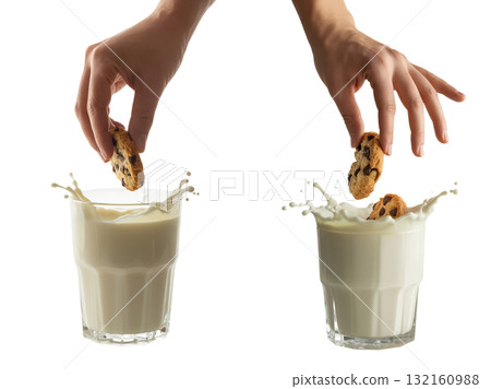 Hand dipping chocolate chip cookie into glass of milk with dynamic splash isolated on transparent background, simple pleasure snack concept Hand dipping chocolate chip cookie into glass of milk with dynamic splash isolated on transparent background, simple pleasure snack concept 132160988