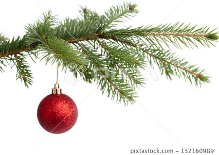 Red christmas bauble with gold detail hanging from green fir tree branch, holiday decor isolated on transparent background Red christmas bauble with gold detail hanging from green fir tree branch, holiday decor isolated on transparent background 132160989