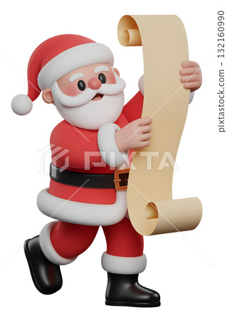 Cheerful 3d santa claus character checking his naughty or nice list on scroll, christmas concept isolated 132160990