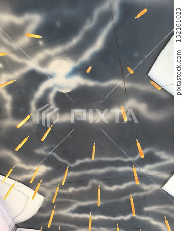 Magical Ceiling with Floating Candles and Cloudy Sky, Hallway in Theme Park, Interior Decor Magical Ceiling with Floating Candles and Cloudy Sky, Hallway in Theme Park, Interior Decor 132161023