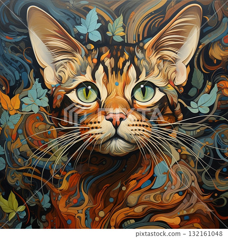 Artistic Feline Portrait A Captivating Blend of Nature and Whimsical Cat Illustration 132161048