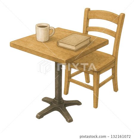 Square cafe table and chair illustration / coffee and books 132161072