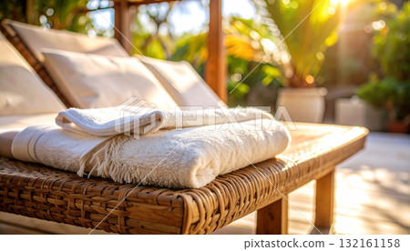 Close-up of folded white towels on a woven sunbed in the warm evening sun. 132161158
