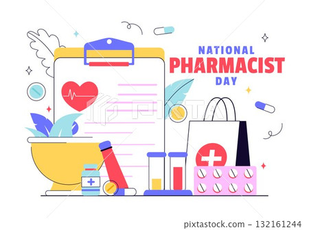 National Pharmacists Day Vector Illustration Featuring a Doctor, Medicine, and Pills in a Healthcare Themed Flat Style Cartoon Background 132161244