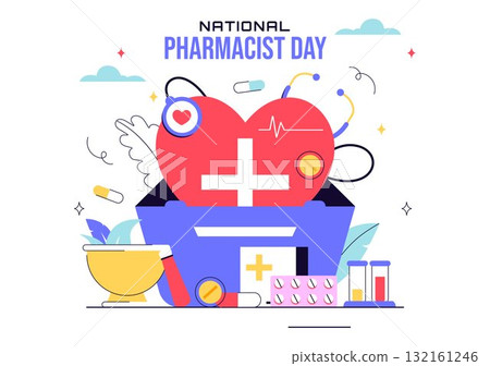 National Pharmacists Day Vector Illustration Featuring a Doctor, Medicine, and Pills in a Healthcare Themed Flat Style Cartoon Background National Pharmacists Day Vector Illustration Featuring a Doctor, Medicine, and Pills in a Healthcare Themed Flat Style Cartoon Background 132161246