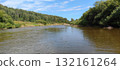 Scenic River Landscape with Lush Green Banks and Blue Sky, a Serene Natural Environment 132161264