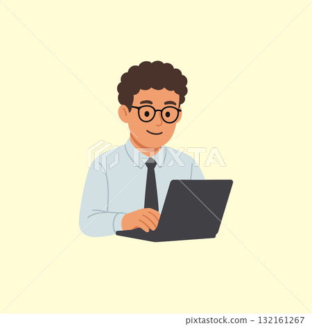 Flat design illustration of a happy, young professional man with curly hair and glasses, wearing a shirt and tie, working on a laptop computer. The man is smiling, suggesting productivity, technology Flat design illustration of a happy, young professional man with curly hair and glasses, wearing a shirt and tie, working on a laptop computer. The man is smiling, suggesting productivity, technology 132161267