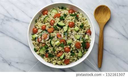 Fresh bulgur salad with cherry tomatoes and cucumbers served in a bowl on a marble counter Fresh bulgur salad with cherry tomatoes and cucumbers served in a bowl on a marble counter 132161307