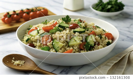 Fresh vegetable couscous salad served in a white bowl on a marble countertop with cherry tomatoes Fresh vegetable couscous salad served in a white bowl on a marble countertop with cherry tomatoes 132161308