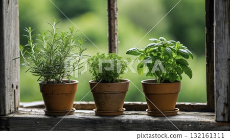 Herb garden with rosemary, parsley, and basil pots on a rustic window sill with green background Herb garden with rosemary, parsley, and basil pots on a rustic window sill with green background 132161311