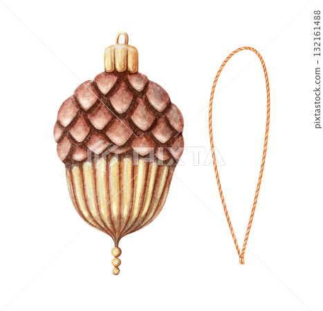 Golden brown acorn with braid. Christmas tree ornament hand drawn in watercolor with sparkling and pencil texture. Whimsical festive design element for holiday card or poster and other seasonal art. Golden brown acorn with braid. Christmas tree ornament hand drawn in watercolor with sparkling and pencil texture. Whimsical festive design element for holiday card or poster and other seasonal art. 132161488