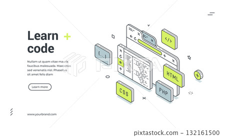 Programming code learning software development isometric web banner design template vector Programming code learning software development isometric web banner design template vector 132161500