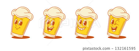 Cute positive emoji beer glass cartoon character set vector flat illustration 132161595