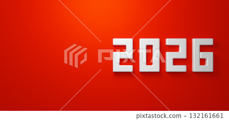 White three-dimensional number 2026 on a red background. Bird's-eye view. Copy space. 3D (landscape) 132161661