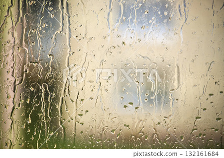 Condensation On Glass Window With Rain Drops Creating Abstract Blur And Soft Light 132161684